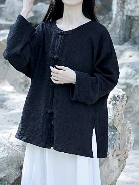 Blusas de mujer Johnature 2024 otoño mujer Vintage Lino estilo chino camisa de manga larga cuello redondo Color sólido un solo pecho