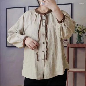 Blouses pour femmes Johnature 2024 Femme Spring Balloon Sleeves Linen Splicing Contrast Vintage Long Loose Single Breasted
