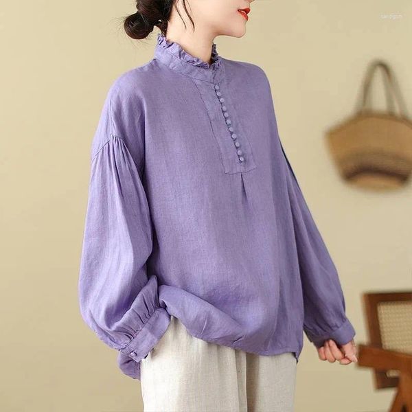 Blouses pour femmes Johnature 2024 Femme Spring Cotton Linn Collar Niche Devise Shirt Fashion Long Sleeves Color Splicing Loose