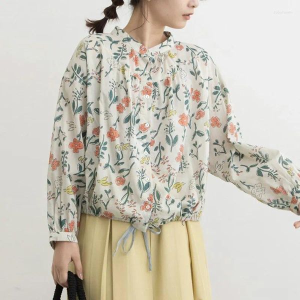 Blouses pour femmes Johnature Japonais Imprimé Coton Mince Femmes Chemises 2023 Automne Lâche À Lacets Ajustement Hauts Décontracté Tout Match