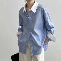 Johnature – chemisiers pour femmes, chemises coréennes décontractées à rayures, col rabattu, couleur assortie, rendu ample, automne 2023