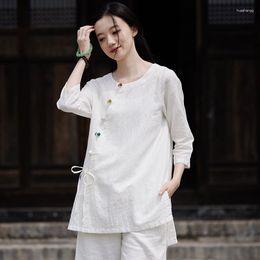 Chemisiers pour femmes Johnature femmes Style chinois chemises et hauts col rond sept manches 2023 automne couleur unie bouton Vintage chemise en lin
