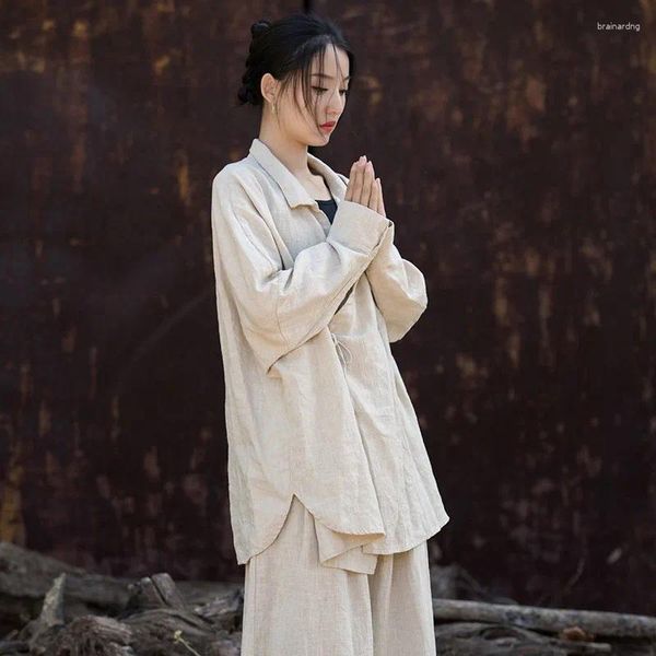 Blouses Femmes Johnature Femmes Style Chinois Chemises Et Tops Col Rabattu À Manches Longues Lin 2023 Automne Lâche Bandage