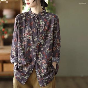 Blouses pour femmes Johinature Femmes Vintage Print Floral Coton Shirt Col de remin-dow