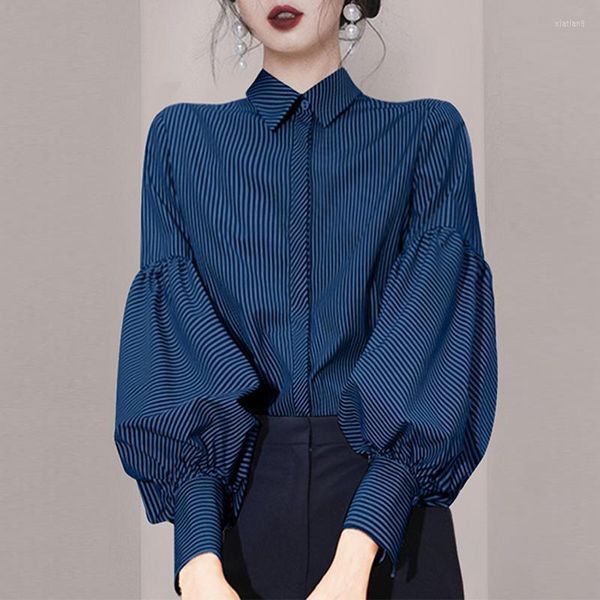 Chemisiers pour femmes JSXDHK Runway Designer Spring Single Breasted Loose Bluses Ladies 2023 Fashion Women Striped Print Lantern Sleeve Shirt Tops