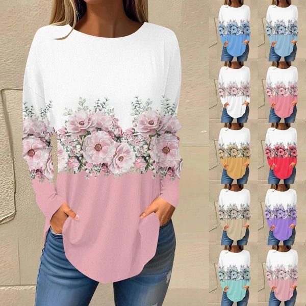 Blouses Femmes Juniors Graphic Tops Femmes Mode Casual T-shirt Imprimés floraux Manches longues Col rond Top Blouse Loose Lady Office Bloouse