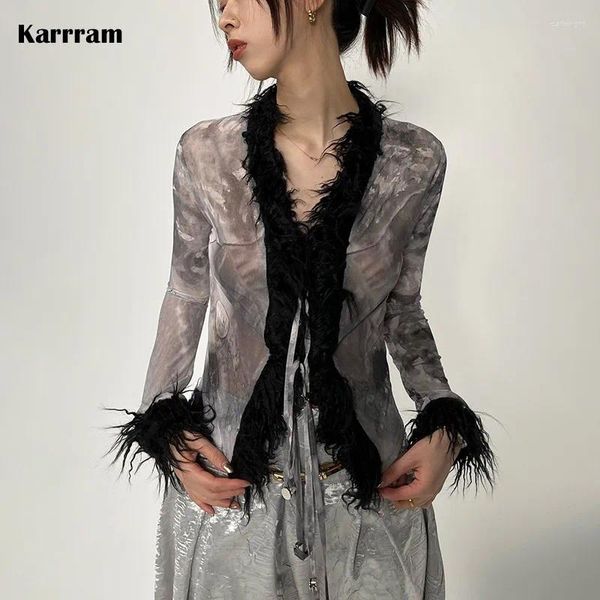 Blouses pour femmes Karrram japonais Y2k chemise en fourrure esthétique des années 2000 maille foncée trash gothique noir tie-dye gland Harajuku hauts transparents