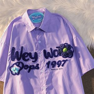 Blusas de mujer Kawaii Floral Carta Imprimir Preppy Button Up Camisas POLO Collar Moda Adolescentes Estudiantes Púrpura Verde Verano Grandes 2XL Tops