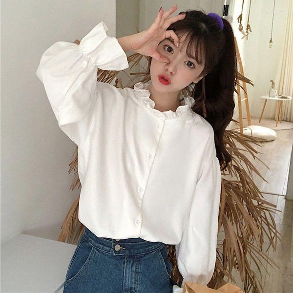 Chemisiers pour femmes Kawaii chemise Harajuku japonais Style coréen blanc Lolita hauts à volants lâche doux doux fille à manches longues mignon A204