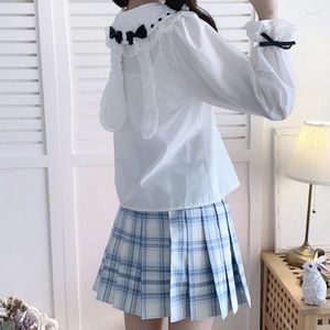 Chemisiers pour femmes Kawaii étudiant Lolita chemise femmes japonais Style Preppy oreille nœud chemisier automne dentelle à manches longues haut blanc