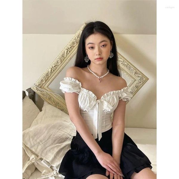 Blouses pour femmes Kawaii Blouse blanche Femmes Sweetles Sweet Puff Crops Tops Summer Short High High Street Korean Fashion Shirt