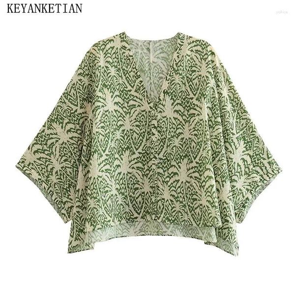 Blouses pour femmes Keyanket Summer Tribal-Ethnique Style vert Tie-Dye Bat-Sheeve Loose Shirt Oversize Single Breasted Top