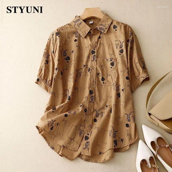 Blusas de mujer Caqui Gato Impresión de dibujos animados Casual Cuello vuelto Blusa de manga corta Camisa Moda coreana Ropa femenina Tops Verano