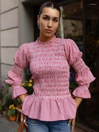 Blouses pour femmes Khalee Yose Elegant French Chic Blouse chemise Pink Pinaid Vintage Ruffles Long Lantern Slim Slim Casual Femmes Femmes Top