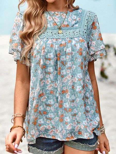 Blusas de mujer KHALEE YOSE Floral Boho Vintage Blusa Camisa Patchwork Gasa O-cuello Verano Vacaciones Playa Mujeres Casual Ladies Tops