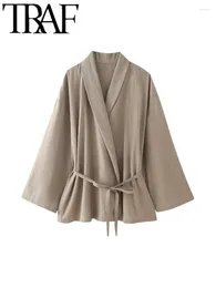 Blouses des femmes Kimono style taille des chemises décontractées liées femme asymétrique V couche grand chemisier à manches féminine 2024 Tops de printemps y2k