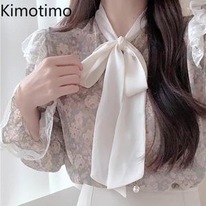 Blouses Femmes Kimotimo 2024 Floral Bow Tie Lace Tops Femmes Coréen Vintage Imprimé Flare Manches Chemises Élégant Mode Bureau Dames Blouse