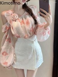 Blouses pour femmes Kimotimo French Fairy Print Lace Up Halter Murffon Tops Off épaule 3D Fleur Fleur Shirts à manches longues Mode d'été