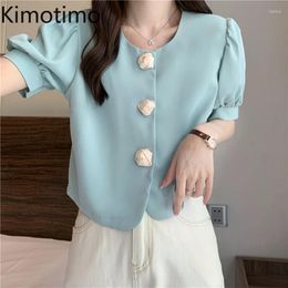 Blouses pour femmes Kimotimo Shirt Femme Français douce Fleurs tridimensionnelles Fleurs bouffées Crop Top 2024 Summer chic Solid All Match Blouse