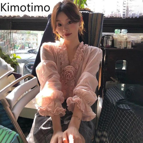 Blouses des femmes Kimotimo Sweet 3D Rose Fleur d'épissage chemise de bord Femme Français Elegant V cou de conception à manches longues