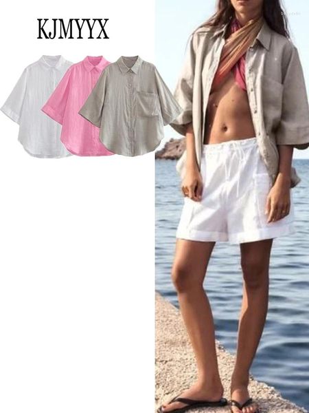 Blusas de mujer KJMYYX moda verano mujer blusa sólida lino 2023 camisas versátiles femeninas dama casual manga larga tops blanco rosa gris