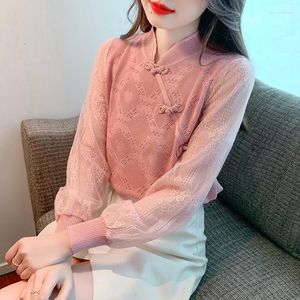 Blouzen voor dames gebreide shirt zomer 2023 Solid Chinese stijl slanke casual lange mouw top holle out kleding ycmyunyan