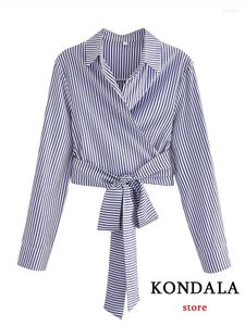 Blouses pour femmes Kondala Casua Femme V Neck Blouse sexy Blue Striped Lace-Up Fashion 2023 Tops à manches longues printemps
