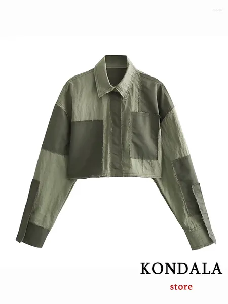 Blouses pour femmes kondala chic à la mode d'olive vert cropped cool choux patchs cols poche tissu léger 2024 Automne Femmes Shirts courts
