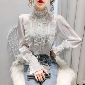 Women's Blouses Korea kralen Fource blouse vrouwen ol kantoor dames zakelijk wit shirt hoge nek frilly ruches ruches manchet shirts vrouw