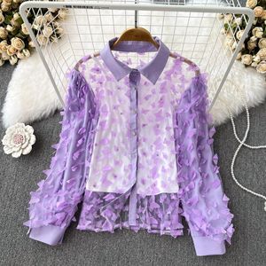 Dames blouses Korea stijl tweedelige vrouwen vlinder los lange mouw met één borsten mesh patchwork shirt vrouw riem tank drop