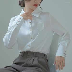 Dames blouses Koreaanse basis met lange mouwen shirt witte vaste vaste v-hals knop chiffon vrouwen mujer blusas femininas kantoor dragen kleding 2351