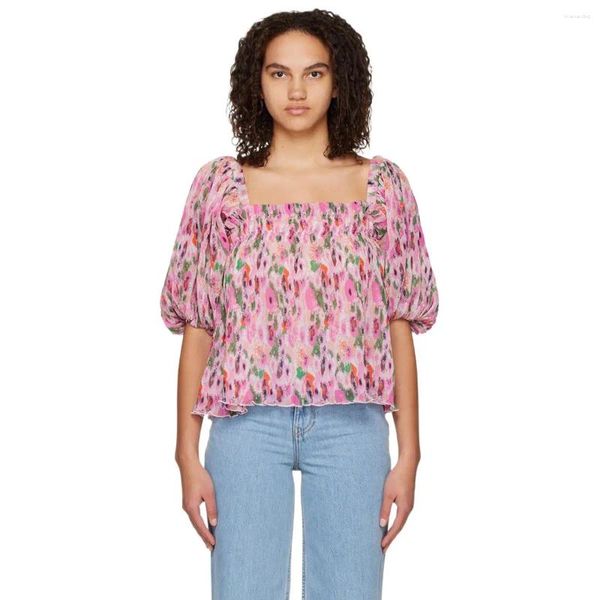 Blouses pour femmes Blouse coréenne grande taille été plissé rose imprimé haut à la mode épaule dénudée manches mi-longues en mousseline de soie douce chemise de piste Blusen