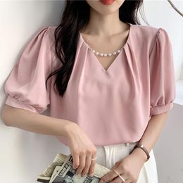 Women's Blouses Koreaanse bubble mouw shirt dames 2023 chiffon tops en vrouwen kleding wit roze groene kraal v-neck solide 2864