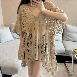 Damesblouses Koreaanse vlinder half mouw gebreide lange blouse V-hals holle cover-up losse mode kant dames top zomer casual trui