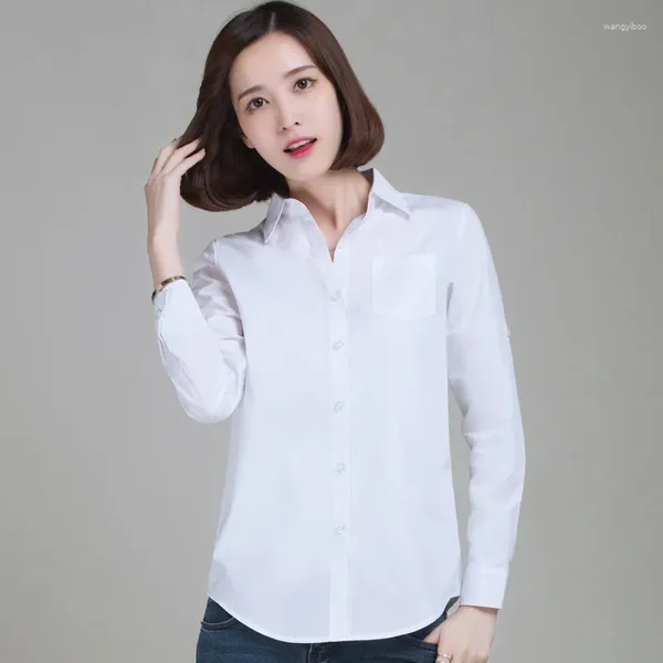 Chemisiers coréens décontractés pour femmes, chemise blanche à manches longues, robe de travail formelle professionnelle, haut en coton, Style automne pour dame
