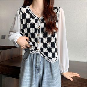 Dames blouses Koreaanse chique mode -plaid shirts chiffon blouse vrouwen lange mouw haak Cardigan crop top lente herfst blusa mujer