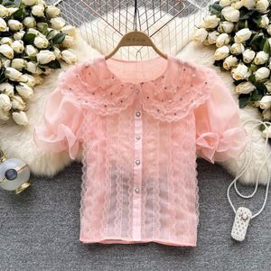 Blouses pour femmes coréen Chic simple boutonnage Blusas Mujer 2023 dentelle volants perles broderie femmes Vintage élégant été chemises