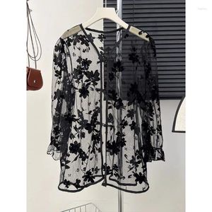 Blusas de Mujer coreano Chic Primavera Verano Mujer Tops Encaje Vintage camisas con una botonadura estilo chino negro Blusas largas Mujer