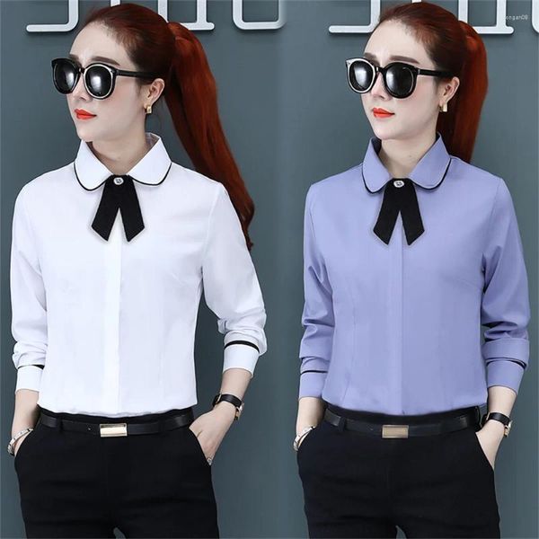 Blusas para Mujer Camisa Coreana De Negocios para Viajeros Moda para Mujer Blusa Ajustada Anti Peeping Elegante Cuello Polo Manga Corta/Larga Blanco