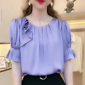 Damesblouses Koreaanse elegante vrouwelijke effen kleur plooien gesplitste blouse mode all-match ronde hals korte mouw kleding z698