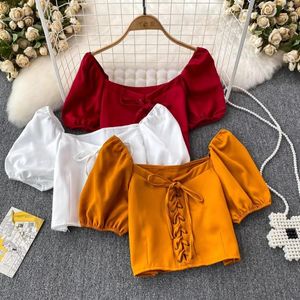 Blusas de mujer Blusa de moda coreana para mujer, cuello cuadrado, manga corta abombada, estómago desnudo, Blusa holgada, Tops femeninos versátiles de otoño