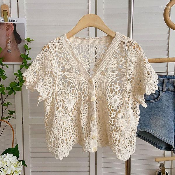 Blouses pour femmes mode coréenne Crochet Blouse femmes crochet fleur col en v tricoté femme été 2023 à manches courtes Blusas Mujer livraison directe