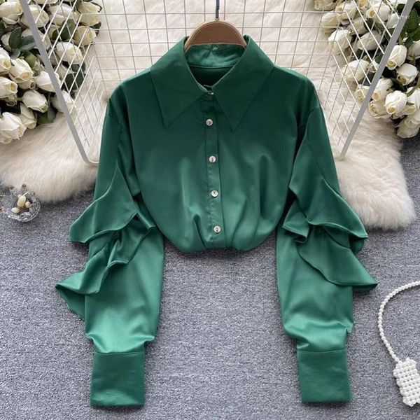 Blusas de mujer Moda coreana Blusa simple elegante 2023 Camisa de satén de manga larga con volantes Camisas con botones sueltas casuales vintage Tops