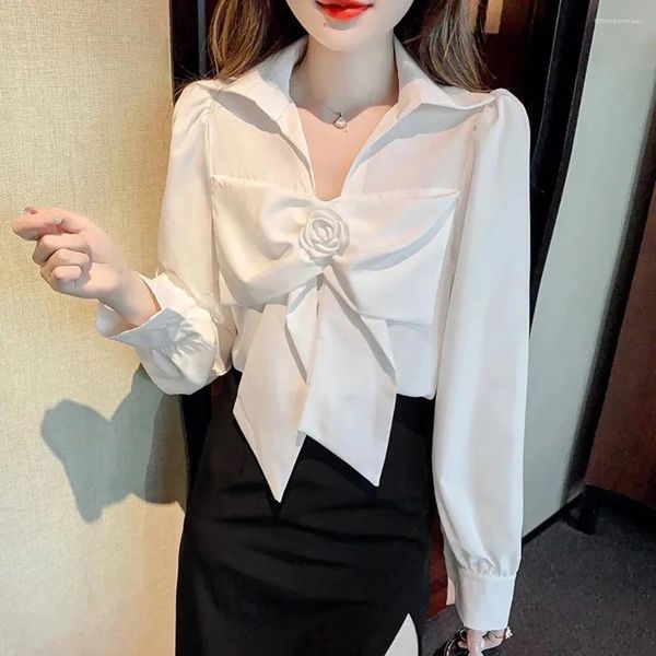 Chemisiers femme mode coréenne noeud chemisier manches bulles chemise vêtements noir 2024 dames hauts élégant noeud blanc Blusas De Mujer