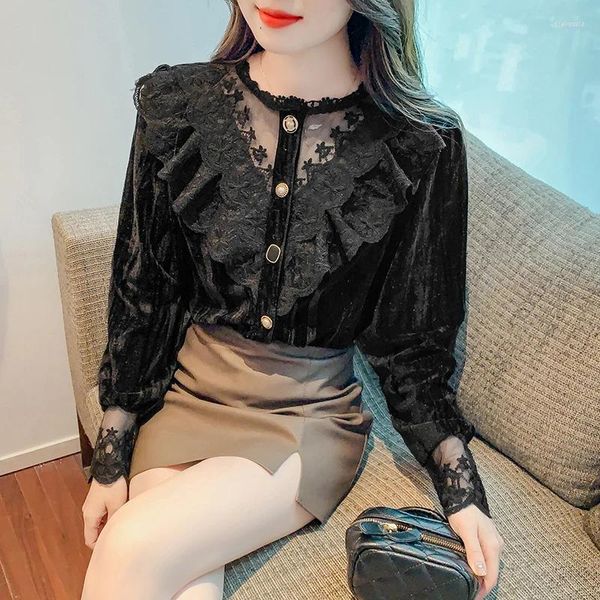 Blusas de mujer Moda coreana Camisas con costuras de encaje para mujer Tops casuales para mujer Camisa con botones para mujer Blusa de manga larga para niña 2