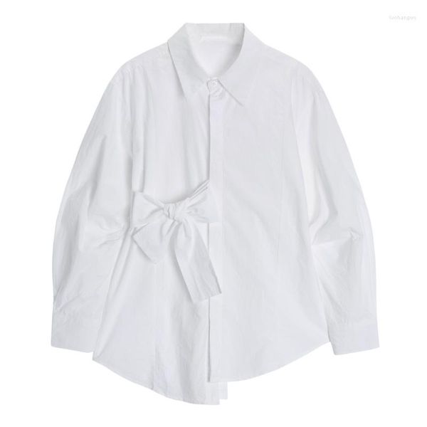 Chemisiers pour femmes mode coréenne à manches longues chemises blanches vêtements pour femmes ceinture à lacets irrégulière chemise boutonnée unisexe Vintage hauts XL