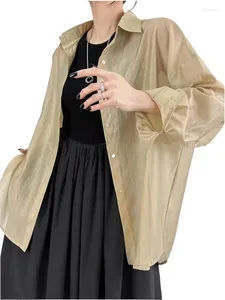 Women's Blouses Koreaanse mode losse shirt jas vaste rayon back schuine split split 1 knop dunne zonnebrandcrème vrouwen shirts tops wit