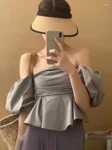 Blusas de mujer Moda coreana Blusa con hombros descubiertos Diseñador de mujer Corte bajo Manga abullonada Camisa corta blanca Corsé Playa Vacaciones Gasa 2023