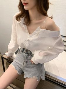 Damesblouses Koreaanse mode off-shoulder knop wit overhemd ontwerper chiffon jeugd sexy blouse top met lange mouwen mooie 2023 trend