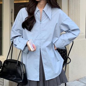 Blouses pour femmes Bureau de la mode coréenne Femmes Chemise à glissière Casual Blouse ample à manches longues Lady White Tops Femme Bleu Chemise Femme 23584